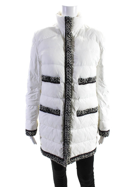 Chanel Womens 18A Metallic Tweed Trim Long Full Zip Puffer Coat White Size FR 42