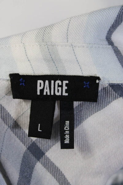 Paige Black Label Womens Plaid Open Shoulder Shirt White Blue Size Large