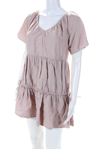 Madewell Womens Tiered Drawstring Short Sleeve V-Neck Mini Dress Pink Size XS