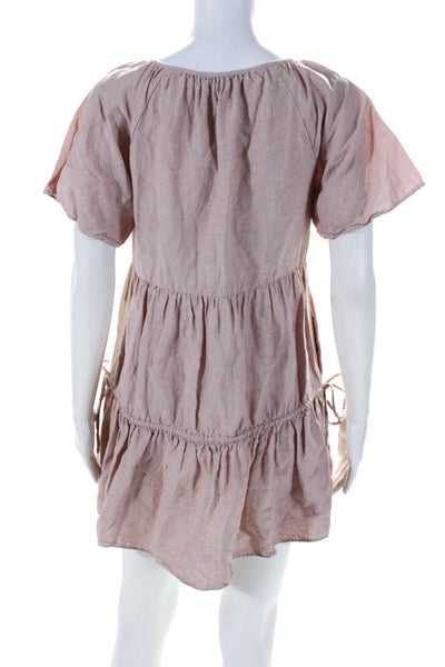 Madewell Womens Tiered Drawstring Short Sleeve V-Neck Mini Dress Pink Size XS