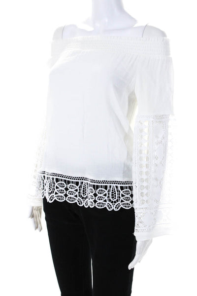 Ramy Brook Womens Lace Detail Long Sleeve Off Shoulder Blouse Top White Size S