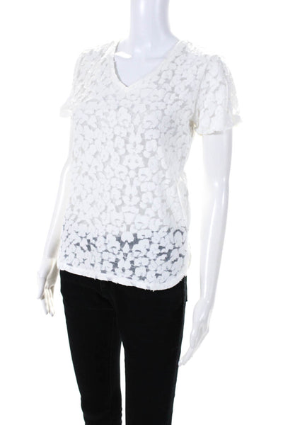 Maje Womens Animal Print Sheer Short Sleeve V-Neck T-Shirt Top White Size 1