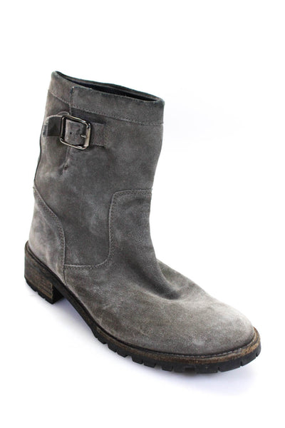 Elyse Walker Womens Suede Buckle Up Stacked Heel Ankle Boots Gray Size 9
