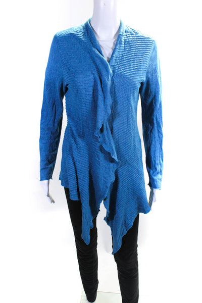 Eileen Fisher Womens Ribbed Draped Long Sleeve Open Front Cardigan Blue Size M