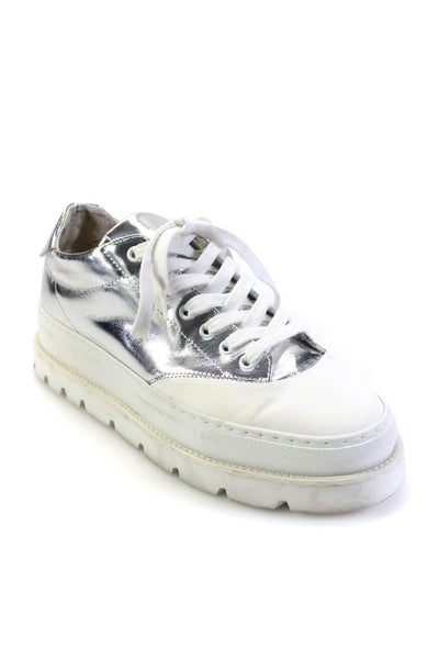 MM6 Maison Margiela Womens Leather Metallic Platform Sneakers Silver Size 10US