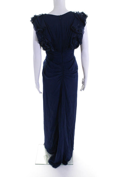 Malandrino Women's Sleeveless Plunge Ruffle Trim Pleated Gown Blue Size 38