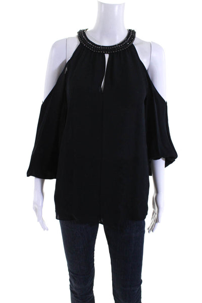 Kobi Halperin Womens Cold Shoulder Crystal Crew Neck Silk Shirt Black Small