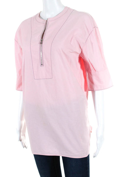 Cedric Charlier Womens Half Zip Short Sleeve Crew Neck Tie Front Shirt Pink 6