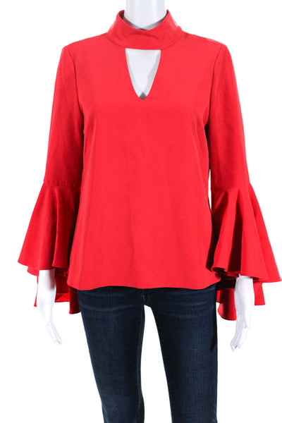 Milly Women's High Neck Cutout Flounce Long Sleeve Blouse Red Size 6
