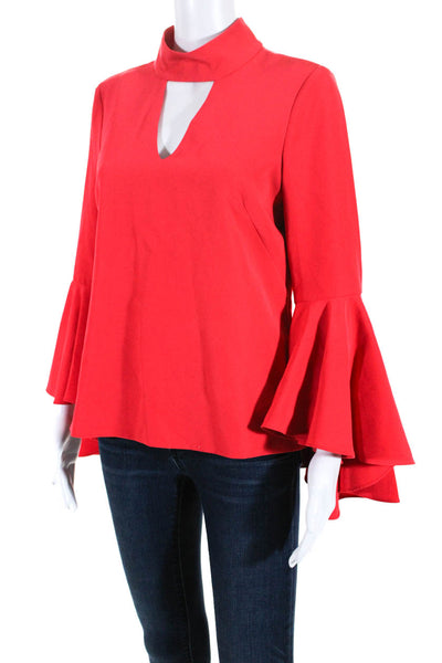 Milly Women's High Neck Cutout Flounce Long Sleeve Blouse Red Size 6