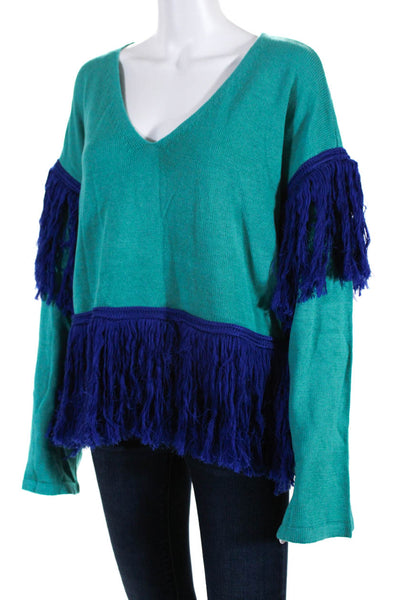 House of Harlow 1960 Womens Fringe Long Sleeves V Neck Sweater Blue Size Large