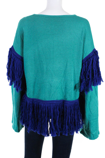 House of Harlow 1960 Womens Fringe Long Sleeves V Neck Sweater Blue Size Large