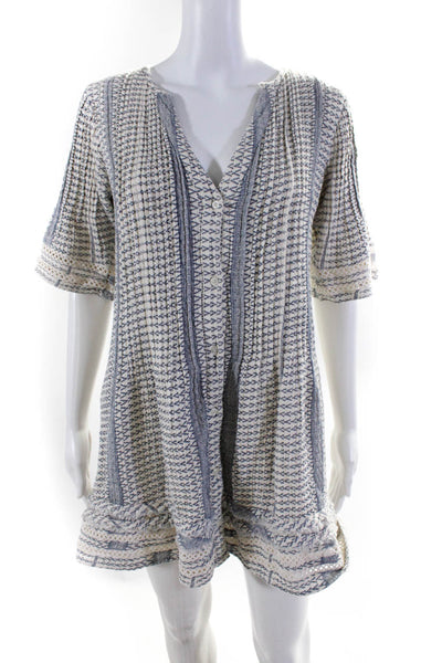 Tularosa Womens Geometric Print Half Sleeve V Neck Tunic Dress White Blue Size S