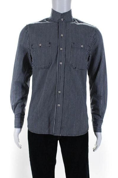 Vanishing Elephant Mens Cotton Striped Buttoned Long Sleeve Top Black Size S