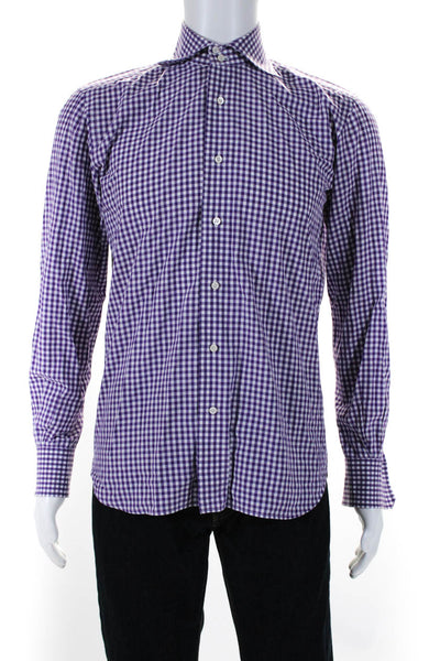 Domenico Vacca Mens Check Print Long Sleeve Collar Button Top Purple Size EUR38