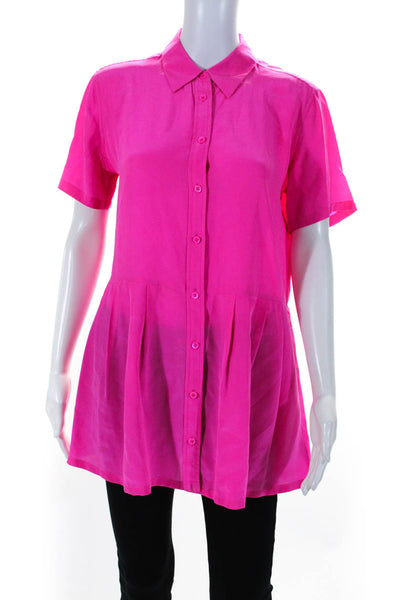Equipment Femme Womens Silk Pleated Buttoned-Up Short Sleeve Top Pink Size S