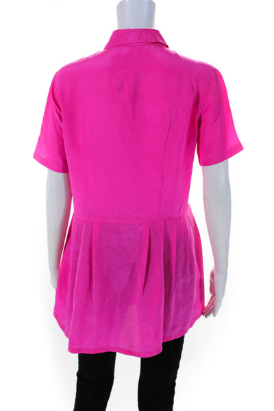 Equipment Femme Womens Silk Pleated Buttoned-Up Short Sleeve Top Pink Size S