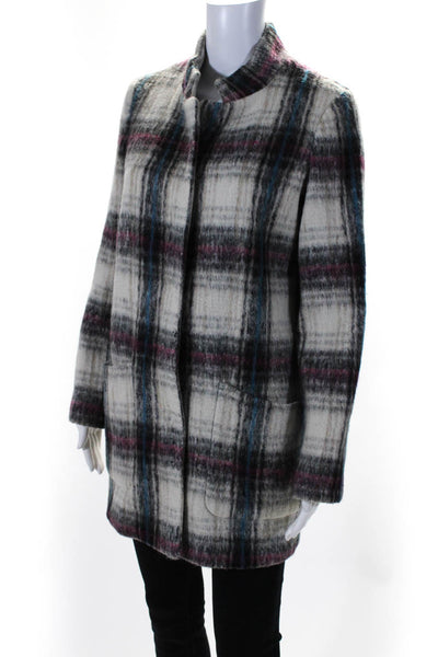 Kenneth Cole Womens Wool Plaid Snapped Buttoned Long Sleeve Coat Gray Size XS