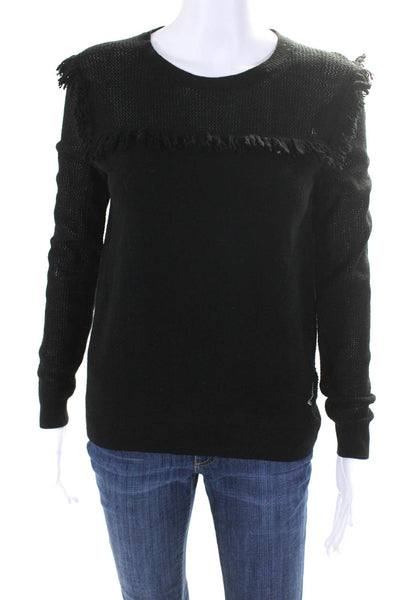 Rebecca Taylor Womens Fringed Knit Long Sleeved Pullover Sweater Black Size XS