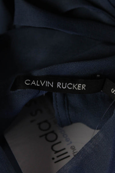 Calvin Rucker Womens Sleeveless Sheer Tied High Neck Blouse Navy Blue Size S