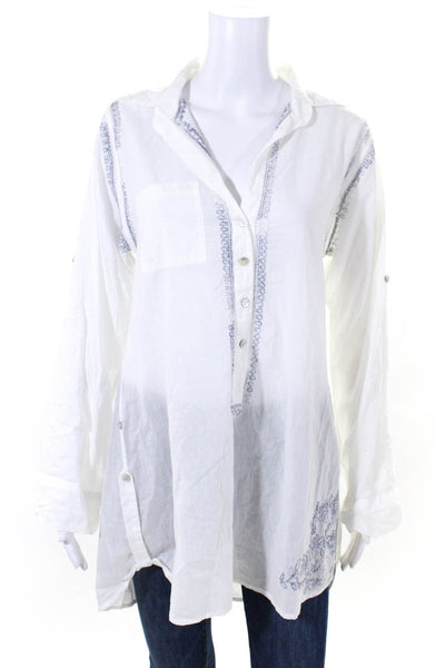 Subtle Luxury Womens Cotton Embroider Buttoned Side Slit Tunic Top White Size S