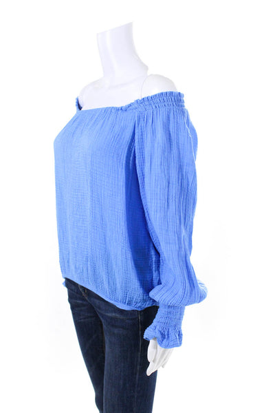 Red Haute Womens Cotton Ruched Textured Long Sleeve Pullover Blouse Blue Size M