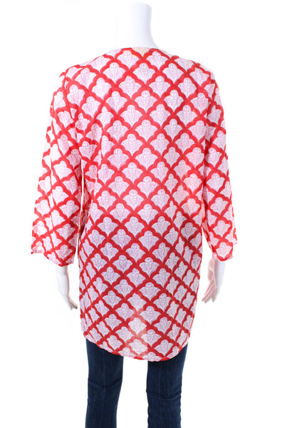 Roller Rabbit Womens Cotton Abstract Side Slit Long Sleeve Tunic Top Red Size S