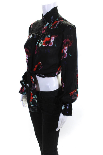 Nicholas Women's Silk Tie Front Long Sleeve Floral Collar Blouse Black Size 0