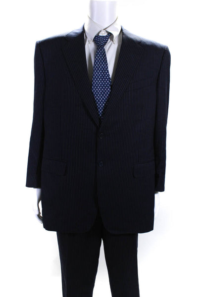 Zanella Mens Wool Pinstripe Print Two Button Blazer Trousers Suit Blue Size 44R