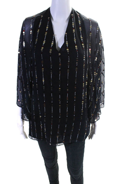 Tularosa Womens Embroidered Sequined Tied Stripe Poncho Blouse Top Navy Size S
