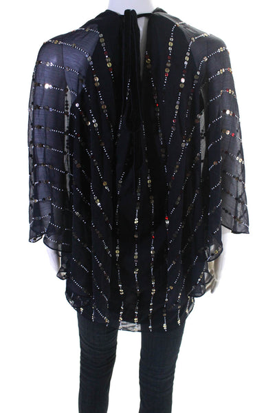 Tularosa Womens Embroidered Sequined Tied Stripe Poncho Blouse Top Navy Size S