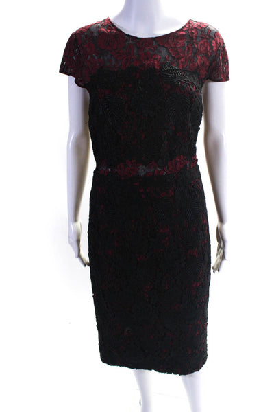 ML Monique Lhuillier Womens Scoop Neck Lace Overlay Dress Red Black Size 14