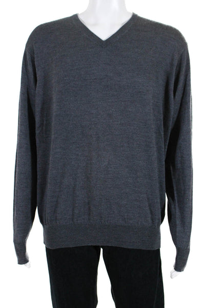 Peter Millar Mens Merino Wool Knit Long Sleeve V-Neck Sweater Dark Gray Size XL