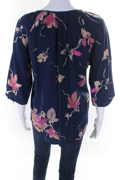 Yumi Kim Womens 100% Silk Floral Half Sleeved Tied Blouse Navy Pink Blue Size XS