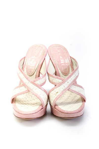 Casadei Womens Platform Cross Strap Woven Sandals Pink White Canvas Leather 7