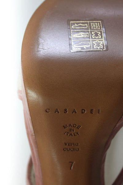 Casadei Womens Platform Cross Strap Woven Sandals Pink White Canvas Leather 7