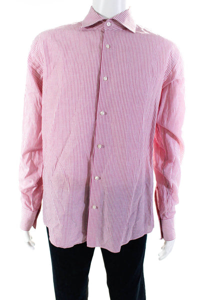 Boss Hugo Boss Mens Button Up Regular Fit Striped Dress Shirt White Pink Size 42