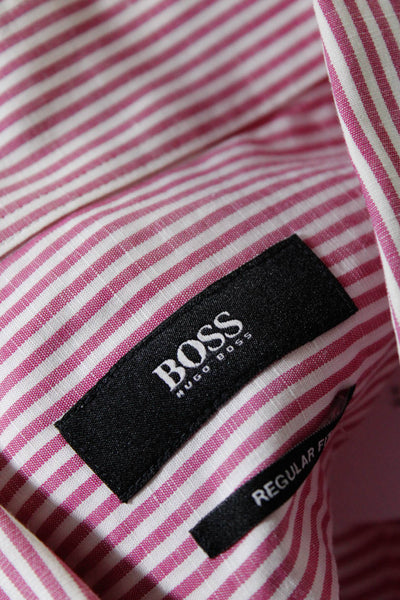 Boss Hugo Boss Mens Button Up Regular Fit Striped Dress Shirt White Pink Size 42