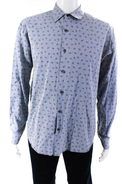 Theory Mens Button Front Collared Printed Shirt Gray Blue Cotton Extra Large