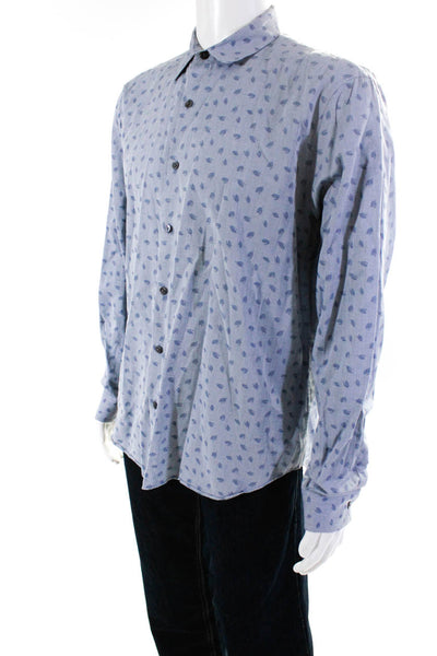 Theory Mens Button Front Collared Printed Shirt Gray Blue Cotton Extra Large