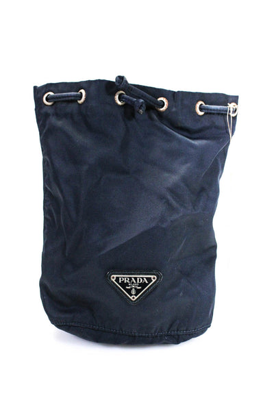 Prada Womens Nylon Silver Tone Hardware Drawstring Pouch Bag Navy Blue Handbag