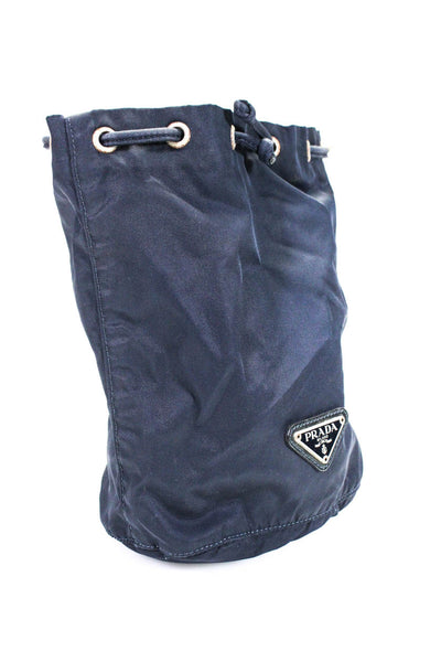 Prada Womens Nylon Silver Tone Hardware Drawstring Pouch Bag Navy Blue Handbag
