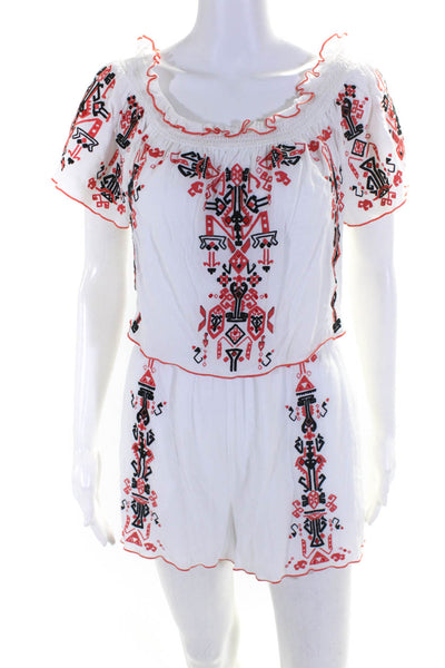 Parker Womens Silk Embroidered Abstract Print Ruffled Ruched Romper White Size S