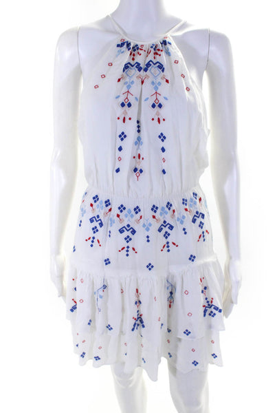 Parker Womens Embroidered Geometric Sleeveless Button Halter Dress White Size S