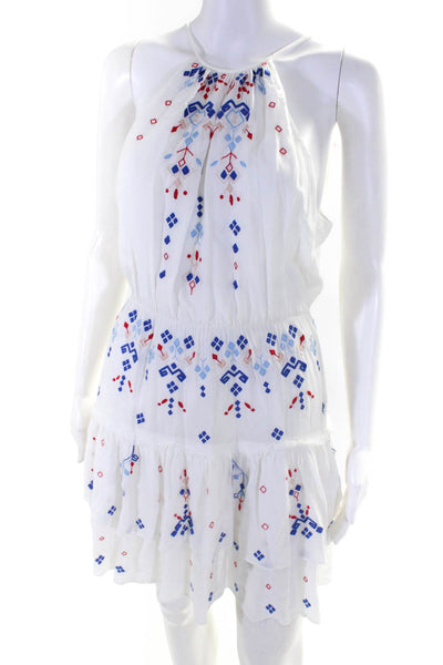 Parker Womens Embroidered Geometric Sleeveless Button Halter Dress White Size S
