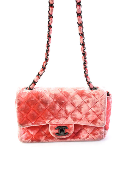 Chanel Womens Quilted Velvet Gunmetal Hardware Flap Over Crossbody Pink Handbag