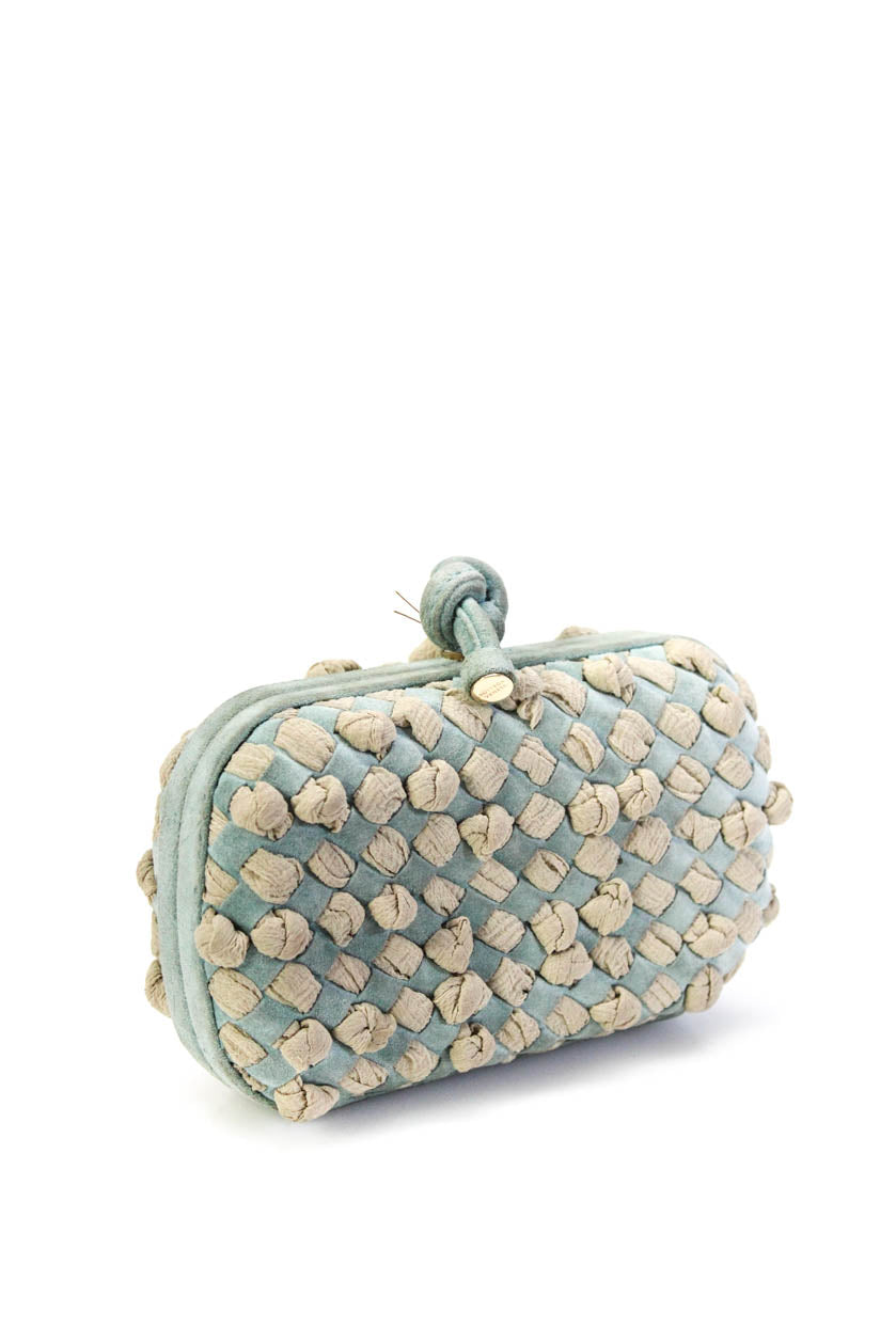 Bottega Veneta Blue Intrecciato Satin and Leather Knot Clutch Bag