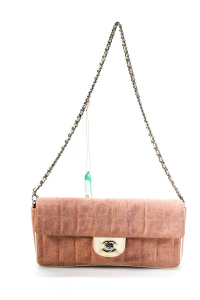 Chanel Womens Canvas Quilted Chocolate Bar Flap Shoulder Bag Pink Small Handbag