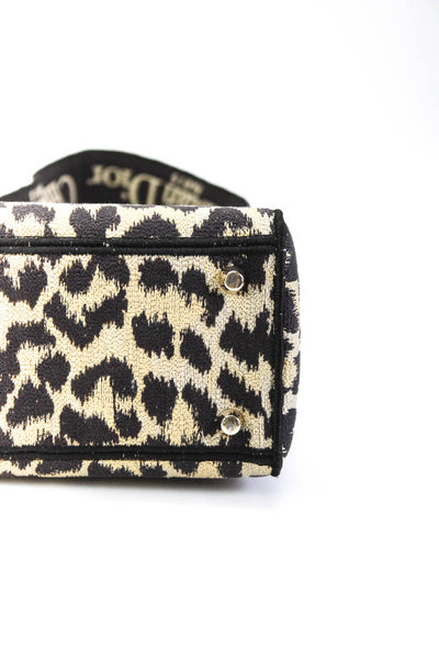 Christian Dior Womens Canvas Lady Dior Leopard Bag Beige Two Way Strap Handbag
