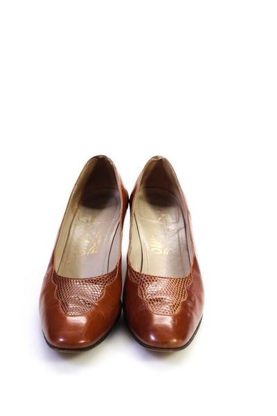 Salvatore Ferragamo Womens Textured Patchwork Block Heels Pumps Brown Size 8
